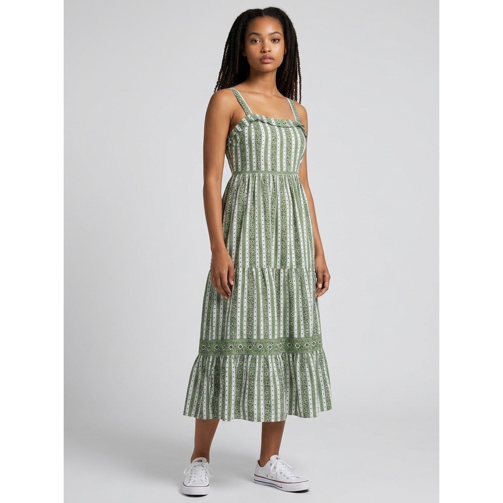 MAX Studio London Green Floral Stripe Tiered Midi Smocked Back sun dress pockets